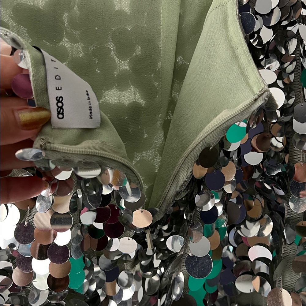 ASOS EDITION paillette sequin mermaid Skirt silver green 6 - Picture 6 of 8
